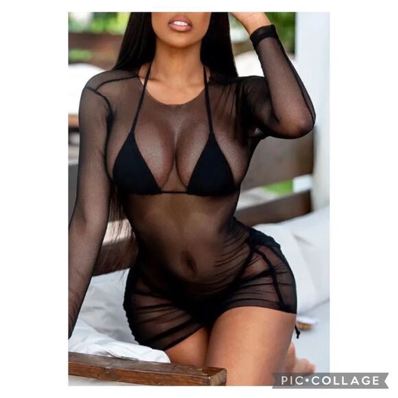 Sheer Black Long Sleeve Dress Coverup M L - Picture 1 of 4